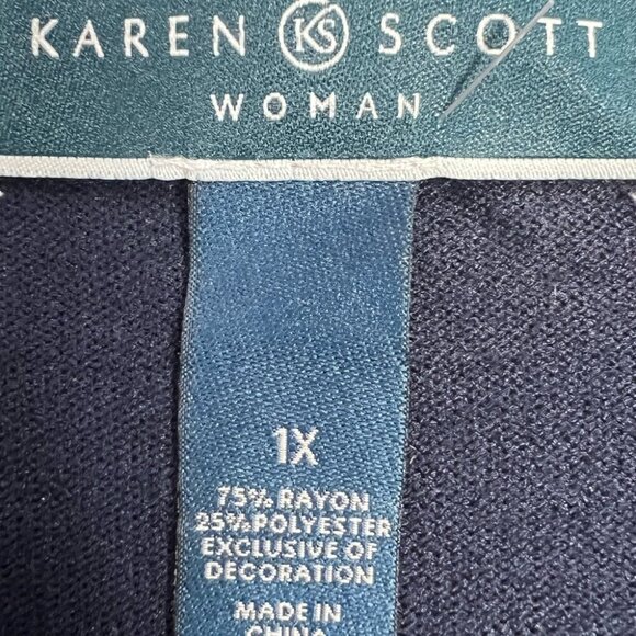 Karen Scott women’s sweater striped flower plus size 1X blue Embroidered New - Picture 2 of 4